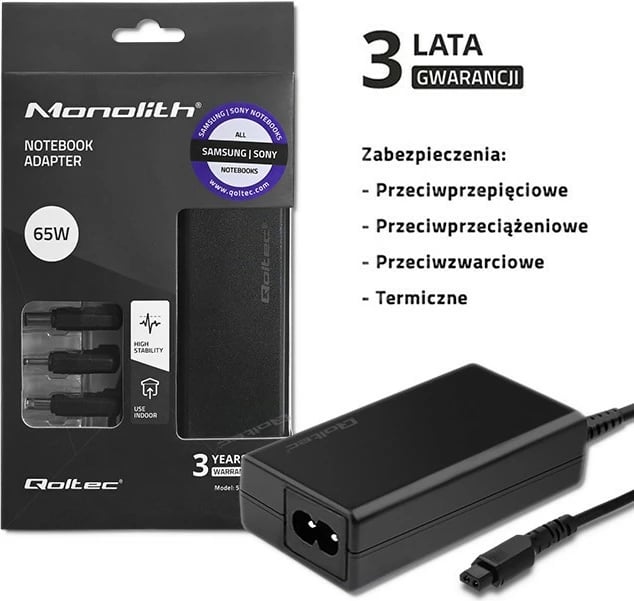 Furnizues energjie Qoltec 52415 për laptop Sony/Samsung, 65W, 3 plugje, i zi