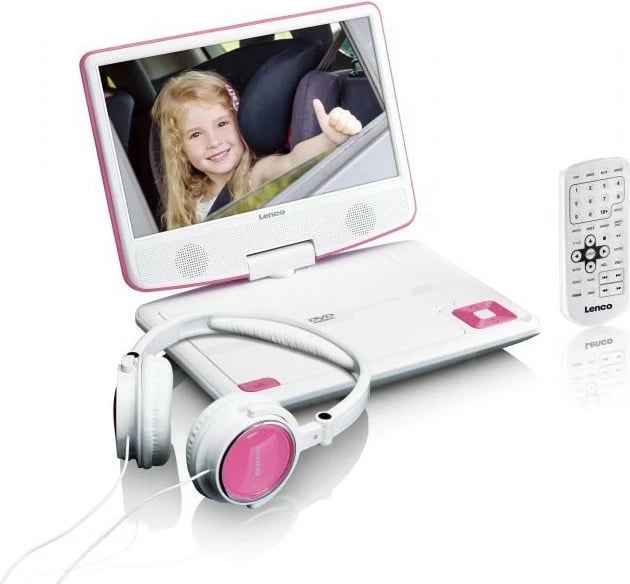 DVD Player portativ Lenco DVP-910, 9 inç, USB, me mbajtëse për makinë, rozë/bardhë