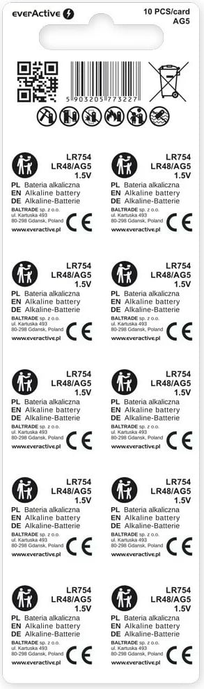 Bateri alkaline mini everActive AG5/G5/LR754/LR48, 1.5V, paketë 10 copë