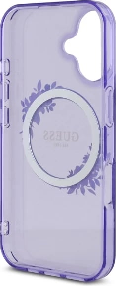 Mbështjellës Guess IML Flowers Wreath MagSafe për iPhone 16, vjollcë