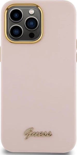 Mbështjellës Guess Silicone Script Metal Logo & Frame për iPhone 15 Pro, Rozë