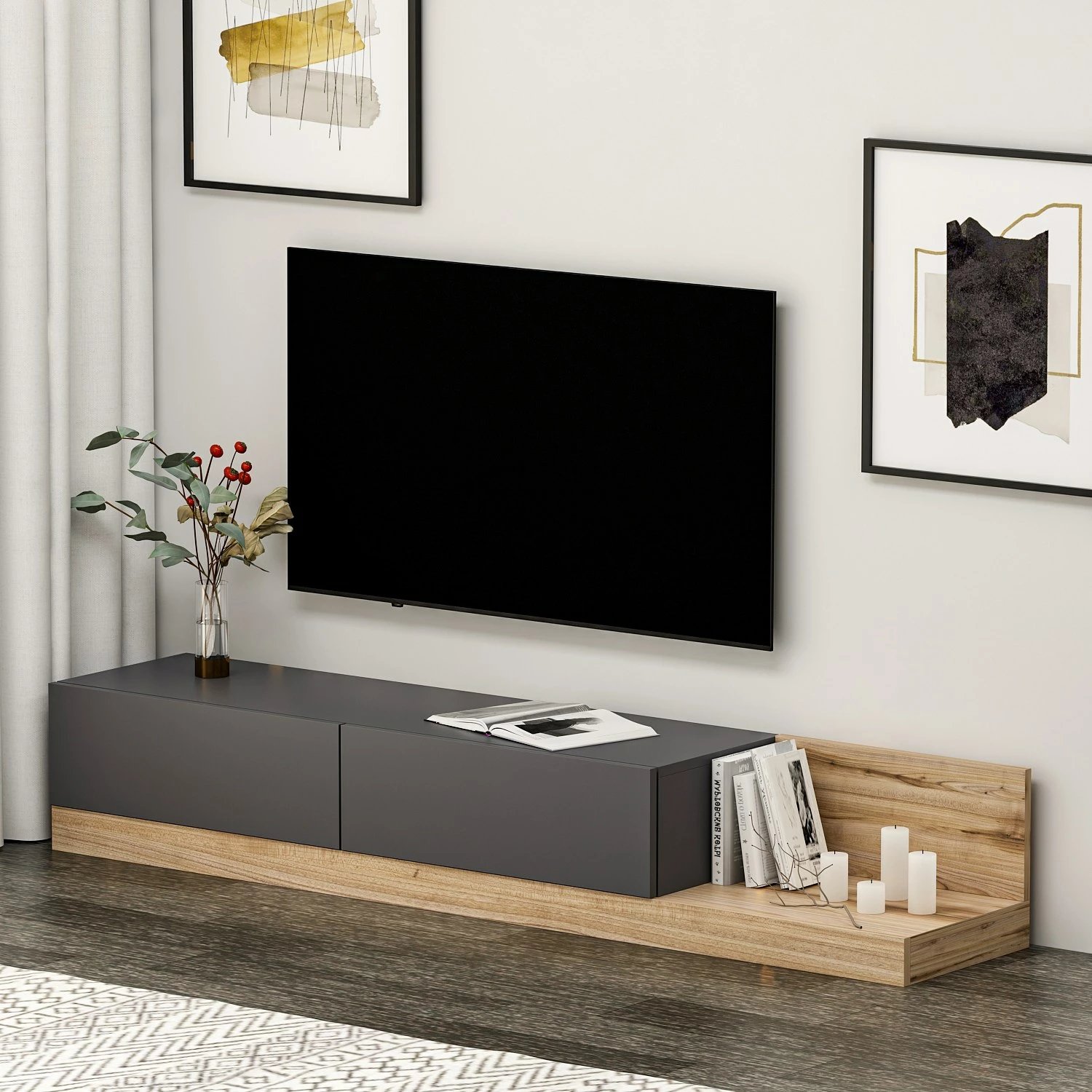 Komodë TV Skye Decor, ngjyrë antracit dhe arre, Majör