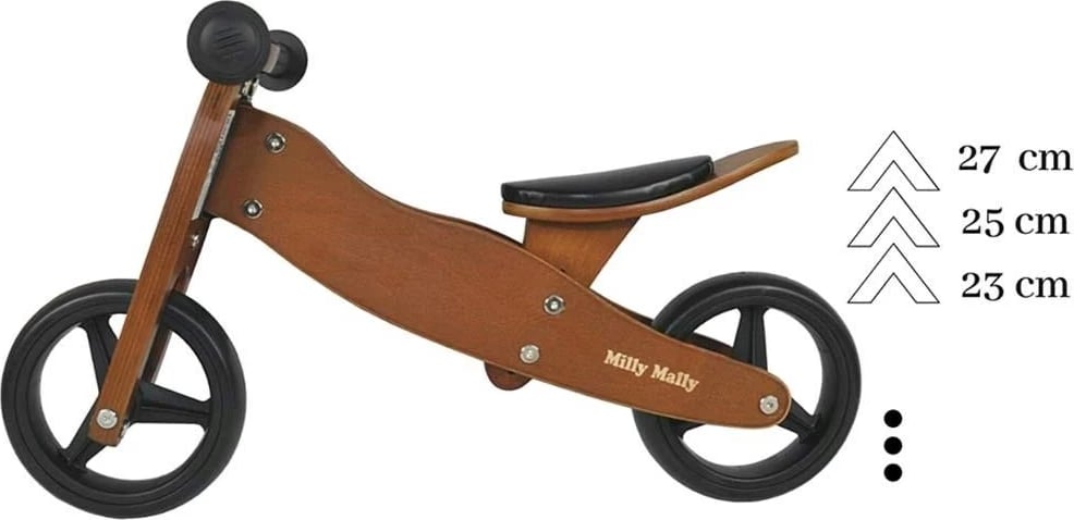 tricikel-bicikletë balancuese druri 2-në-1, Milly Mally JAKE, rrota shkumë 7", ulëse e rregullueshme, 18–36 muaj, 25 kg, Natural