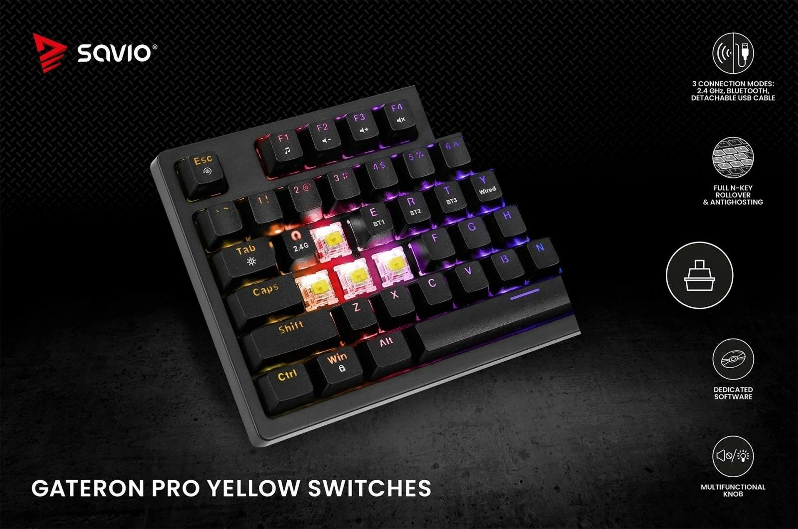 Tastierë mekanike wireless Savio Phenix, Gateron Red Pro, 82 taste, RGB, e zezë