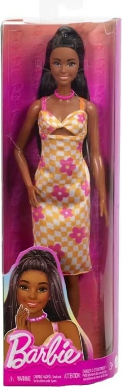Kukull Barbie Fashionistas Mattel FBR37/HYT91, fustan portokalli me motive lulesh