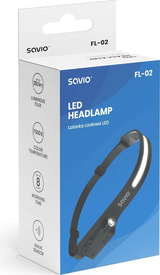 Llambë koke Savio FL-02, LED, 350 lm, sensor lëvizjeje, USB-C, e zezë