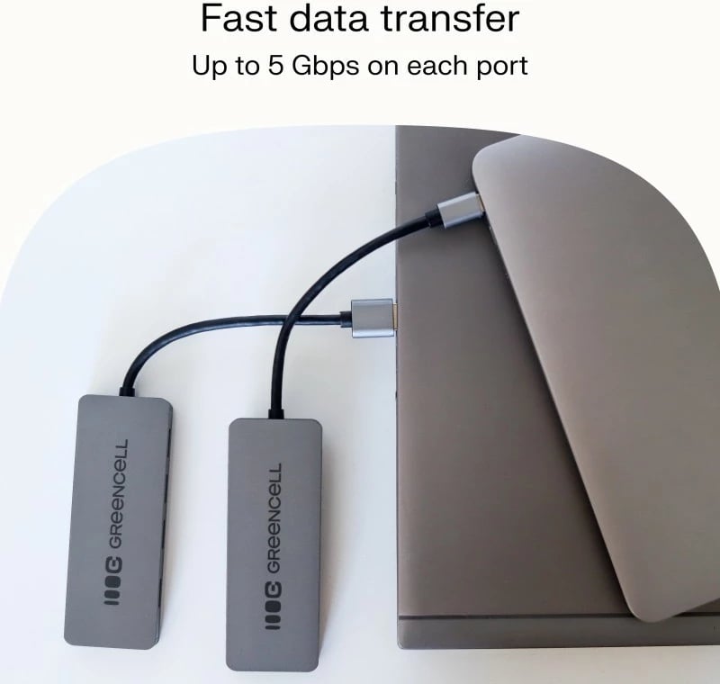 Hub USB-A, Green Cell HUB-GC-A4A, 4x USB 3.0 deri 5 Gb/s, kabëll i integruar 15 cm, kasë alumini, argjend/zi