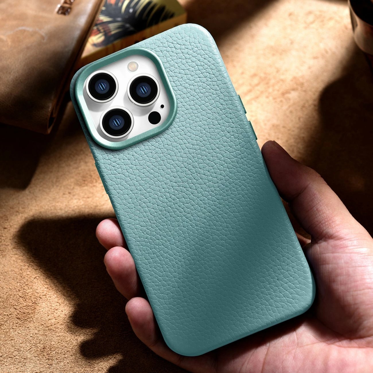 Mbështjellës iCarer Litchi Premium për iPhone 14 Pro, lëkurë natyrale, MagSafe, Jeshil