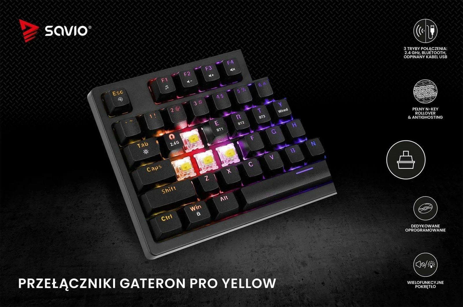 Tastierë mekanike wireless Savio Phenix, Gateron Red Pro, 82 taste, RGB, e zezë