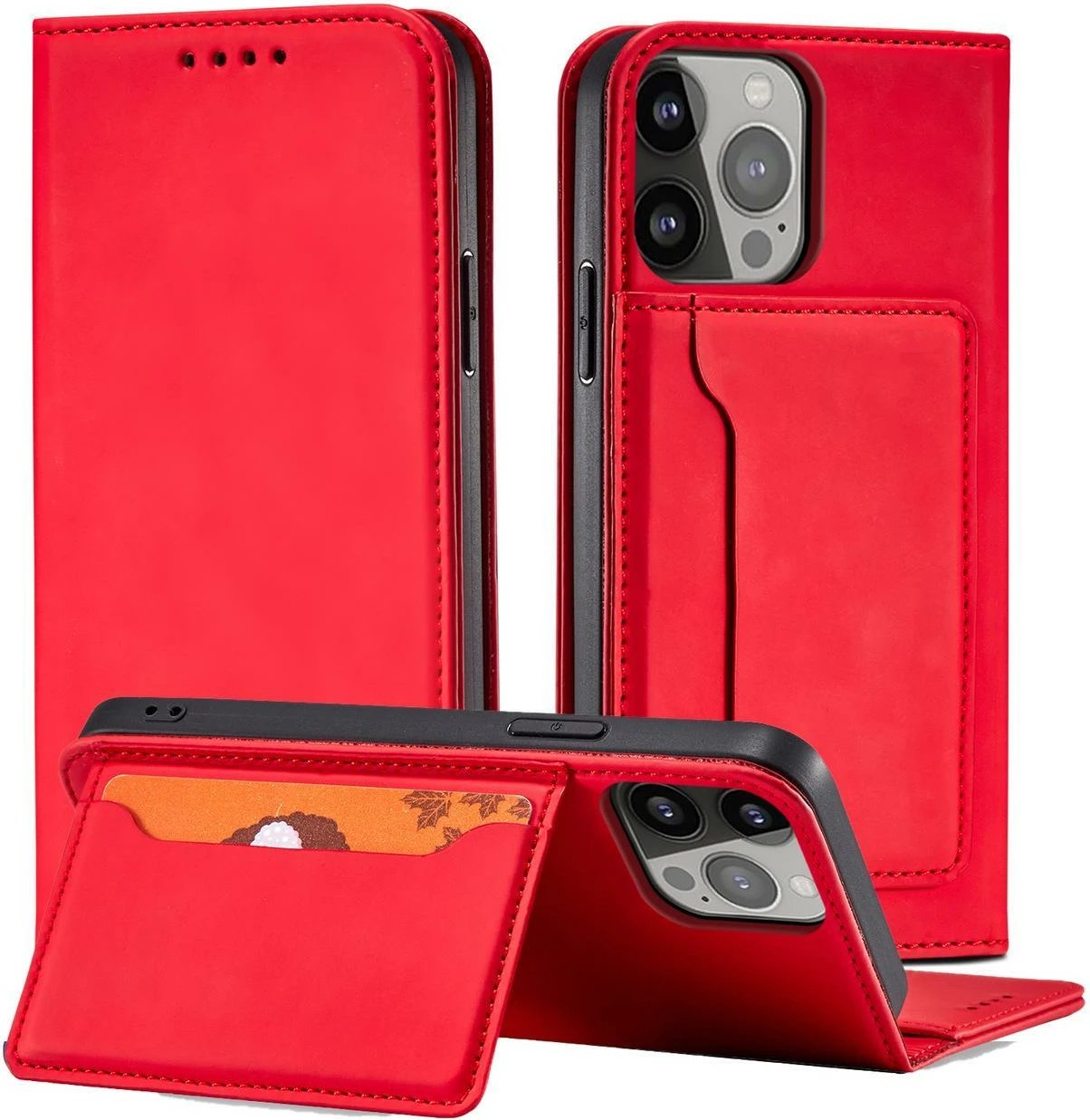 Mbështjellës Hurtel Magnet Card Case për iPhone 14 Pro Max, portofol, qëndrim, e kuqe