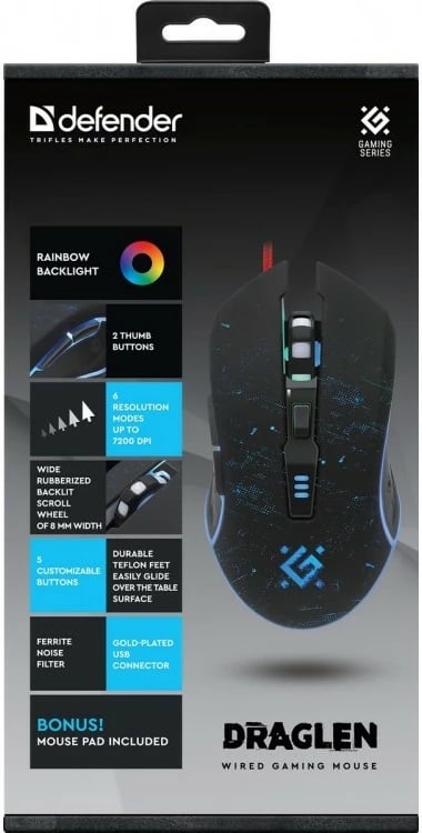 Maus gaming Defender DRAGLEN GM-907, 7200 DPI, me kabllo, RGB, i zi, me mauspad