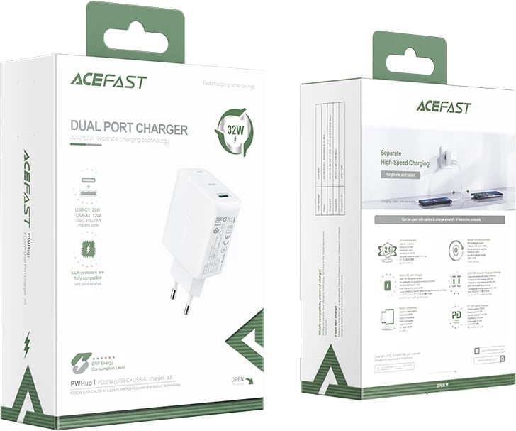 Karikues muri Acefast A5, 32W, USB Type-C/USB-A, i bardhë