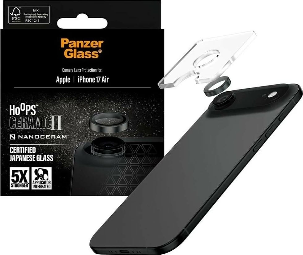 Mbështjellës kamerë PanzerGlass Hoops Ceramic II për iPhone 17 Air, e zezë