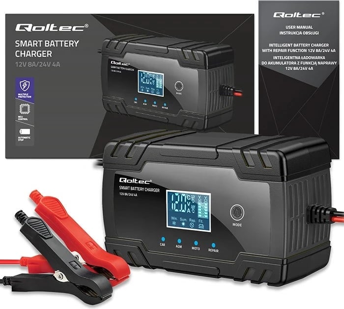 Karikues inteligjent për bateri Qoltec 52490, 12V 8A / 24V 4A, me funksion riparimi, LCD