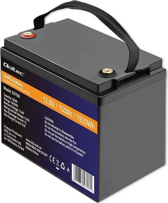 Bateri LiFePO4 Qoltec 53706, 12.8V, 150Ah, 1920Wh, me BMS