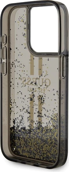 Mbështjellës Guess Liquid Glitter Gold Stripes për iPhone 15 Pro, i zi
