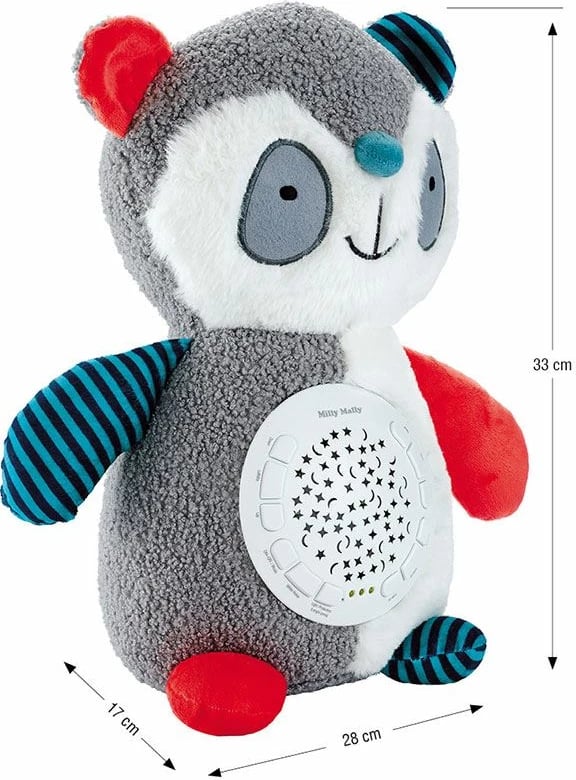 Lodër pellushi panda me projektor, MILLY MALLY, 10 ninulla, 5 zhurma të bardha, 7 drita, timer 30/60/90 min, 0m+, multingjyrës