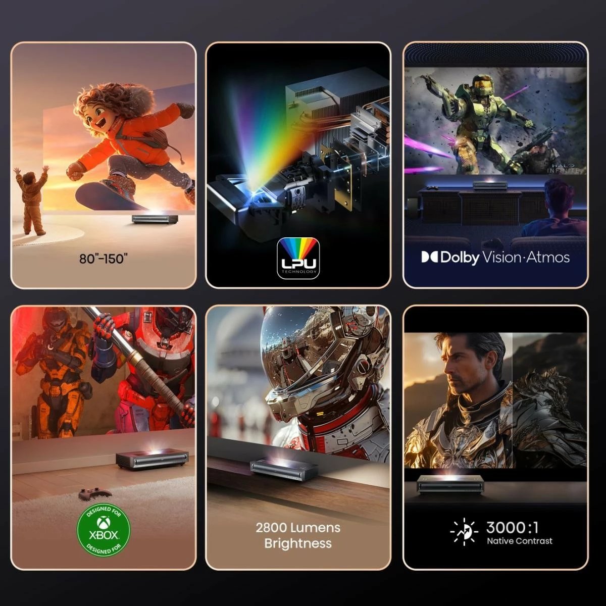 Projektor smart me lazer 4K, Hisense PX3, UST 80–150", 2800 ANSI lm, Dolby Vision/Atmos, Wi‑Fi/Bluetooth, gri