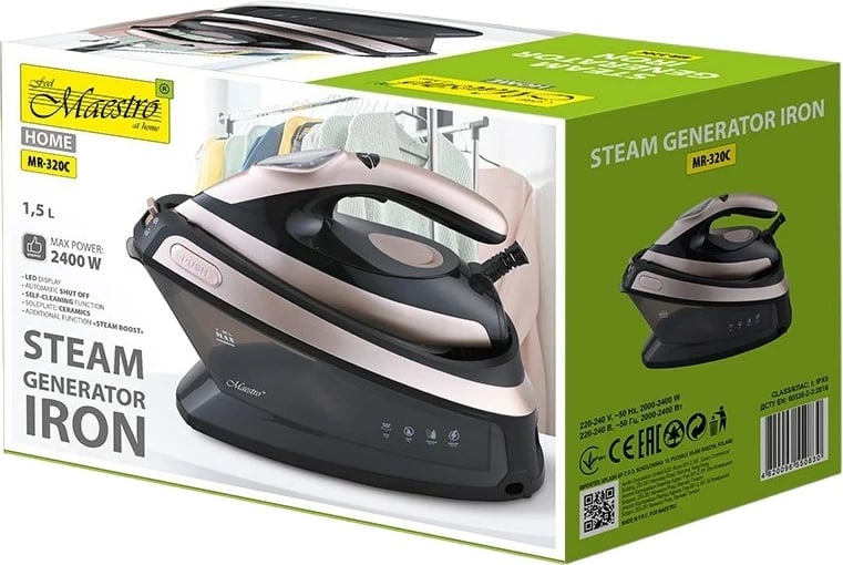 Hekur me avull Maestro MR-320C, 2400 W, 1.5 L, Soleplate Qeramike, Zi, Ari