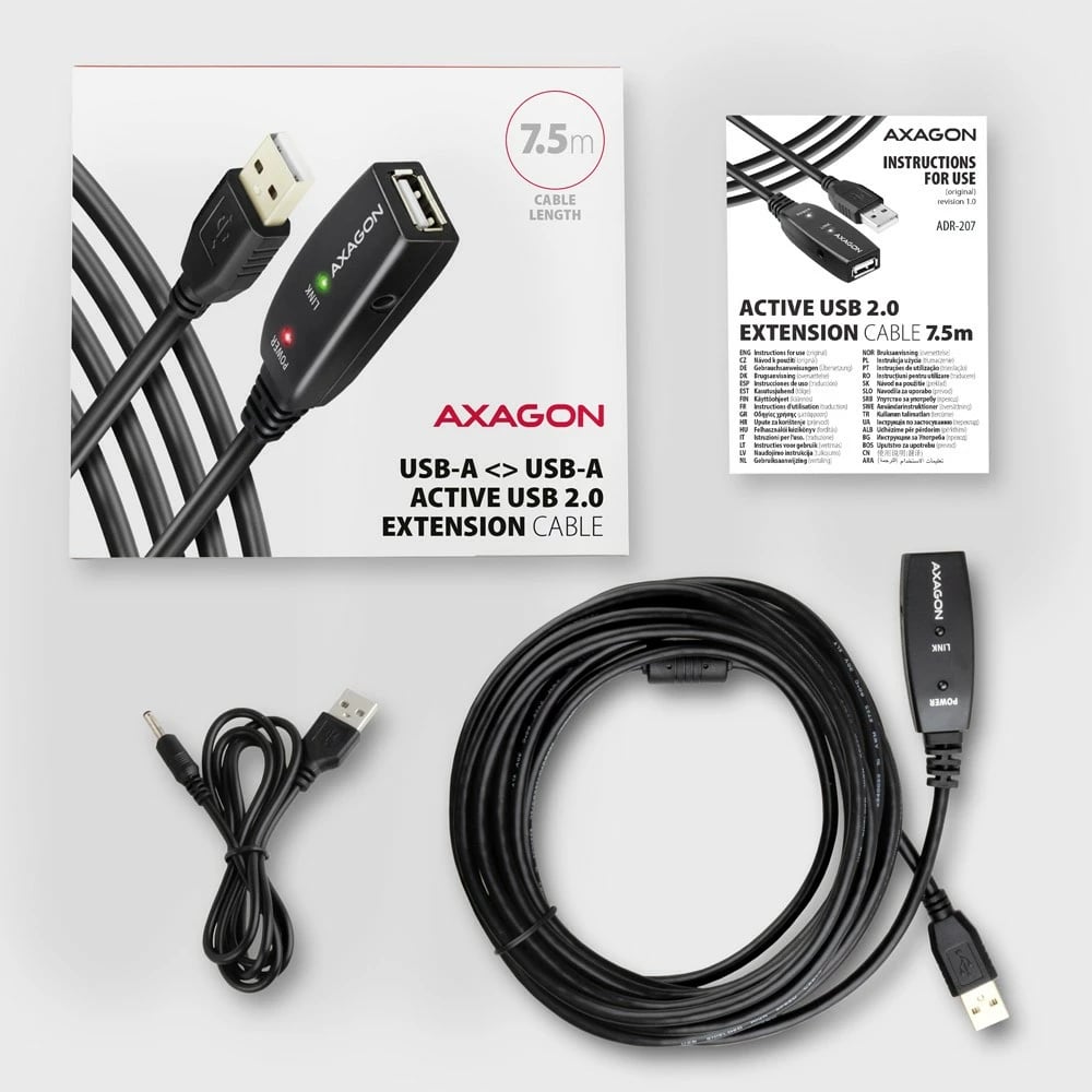Kabllo zgjatuese aktive USB 2.0 AXAGON ADR-207, 7.5m, e zezë