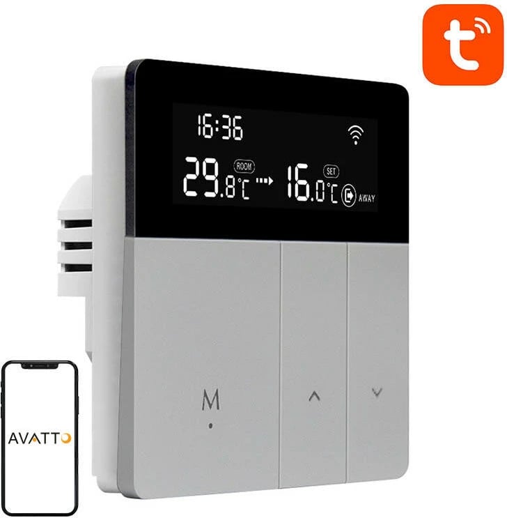 Termostat smart për ngrohës uji, Avatto WT50-WH-3A, Wi‑Fi 2.4 GHz, Tuya/Smart Life, ekran LCD, ngarkesë 3A, gri