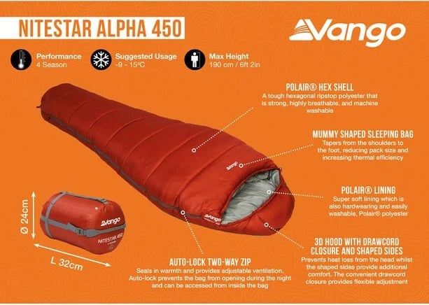 Thes gjumi Vango Nitestar Alpha 450, Poliester, Kuq