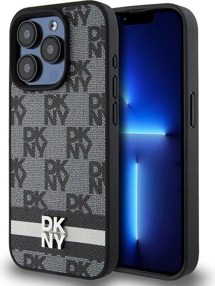 Mbështjellës DKNY Leather Checkered Mono Pattern & Printed Stripes për iPhone 15 Pro Max, e zezë