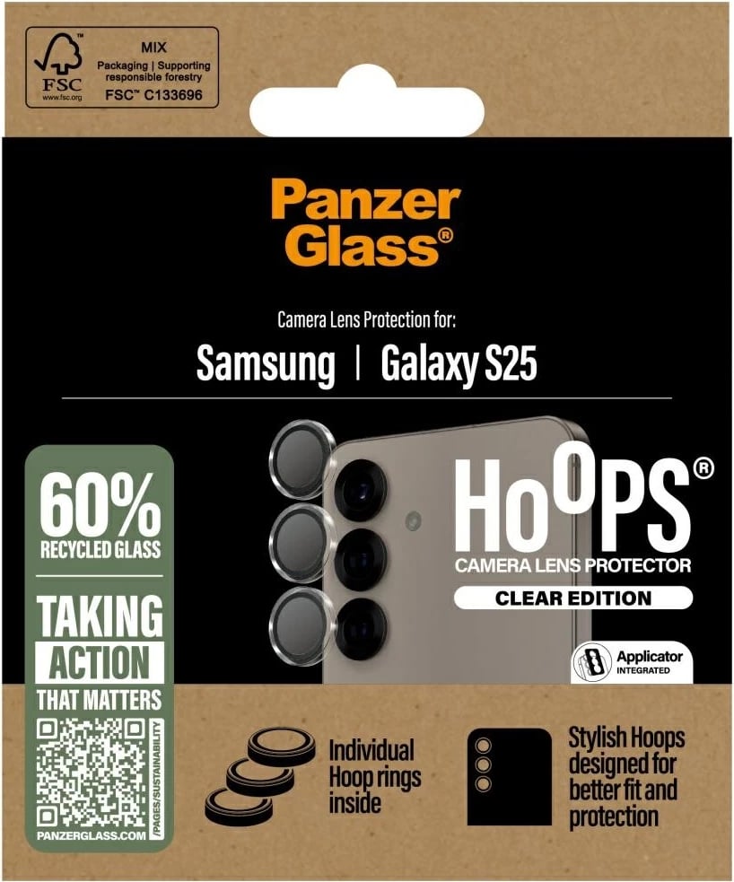 Mbështjellës xhami PanzerGlass Hoops për lente kamerë, për Samsung Galaxy S25, Transparent