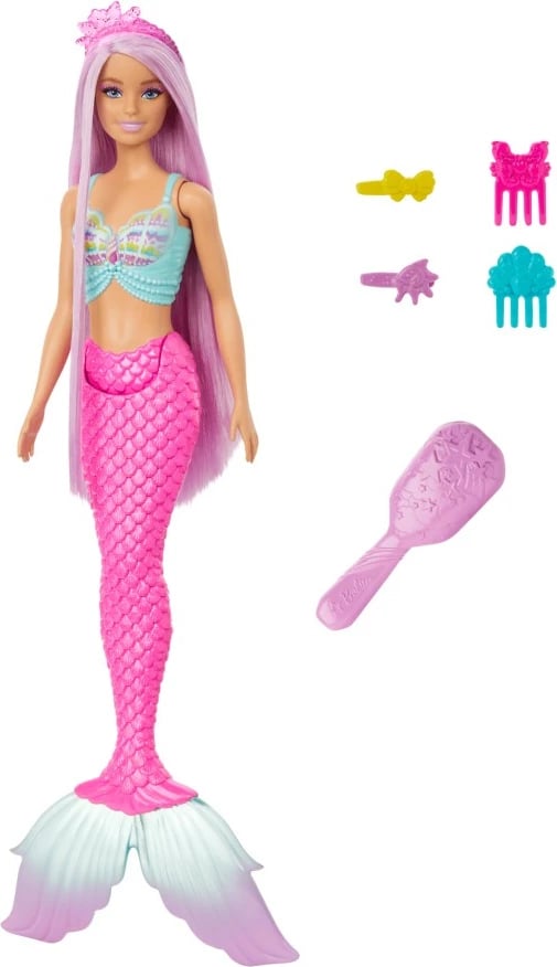 Kukull Barbie sirenë Mattel HRR00 me flokë të gjatë, rozë, me aksesorë