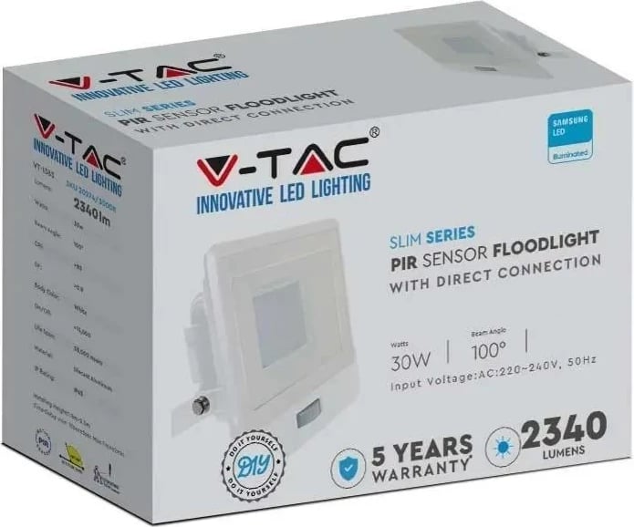 Projektor LED V-TAC VT-138S 30W, Chip Samsung, Sensor lëvizjeje, 6500K, Bardhë
