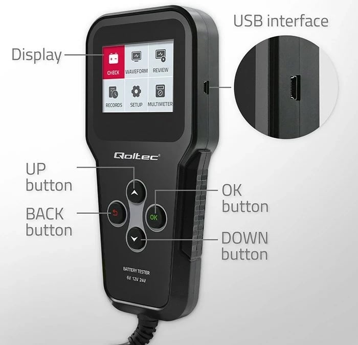 Analizues baterie Qoltec 52489, digjital, 3-në-1, LCD, 6V/12V/24V