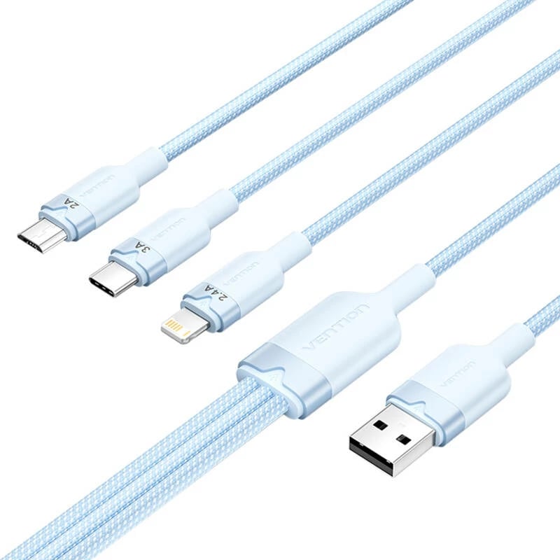Kabllo 3-në-1 Vention CTPLG, USB 2.0 A në USB-C/Lightning/Micro-B, 1.5m, Blu