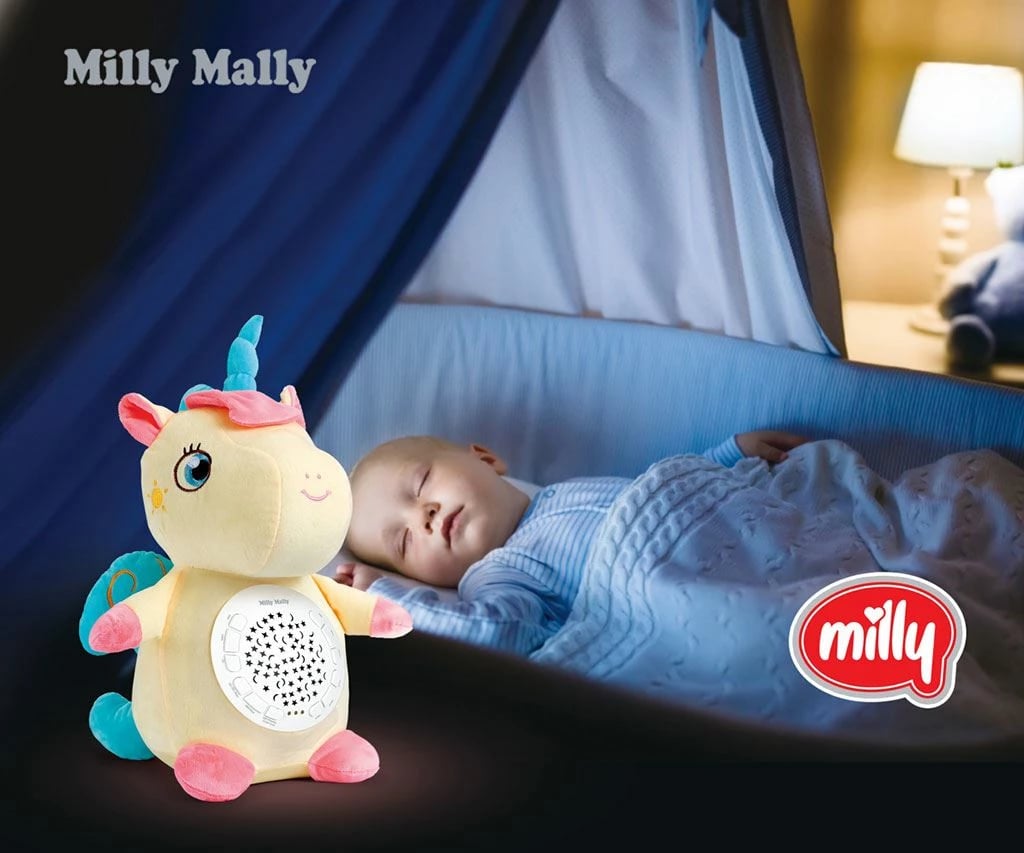 lodër pelushi me projektor, Milly Mally njëbrirësh, 10 ninulla, 5 zhurma të bardha, kohëmatës 30/60/90 min, 7 konfigurime drite, 3xAA, e verdhë