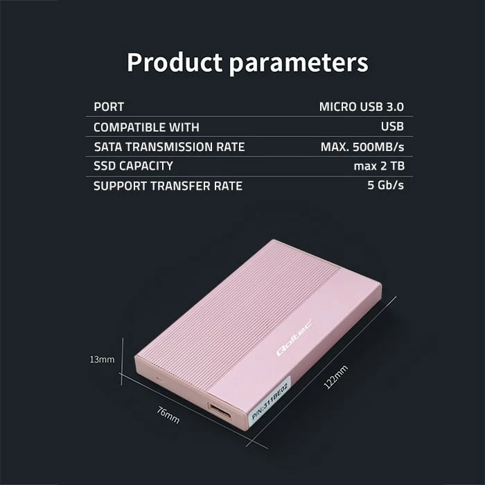 Kasë Qoltec 2.5" për SSD/HDD, USB 3.0, 2TB, Rozë