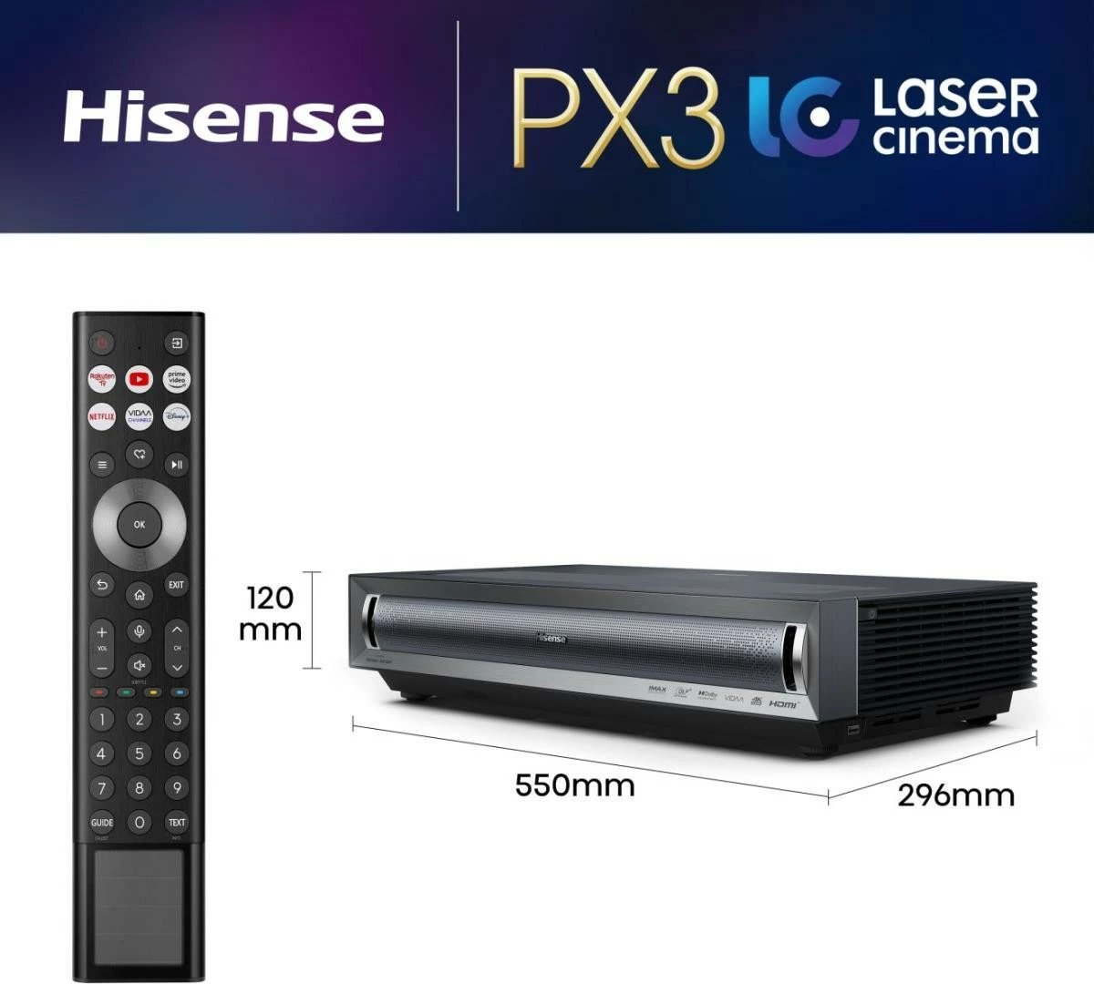 Projektor smart me lazer 4K, Hisense PX3, UST 80–150", 2800 ANSI lm, Dolby Vision/Atmos, Wi‑Fi/Bluetooth, gri