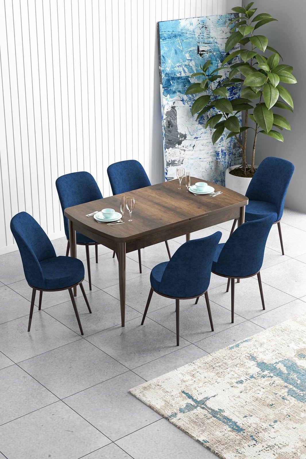 Set tavoline me karrige, zgjatshme, 7 copë, Skye Decor, Barok, blu e errët