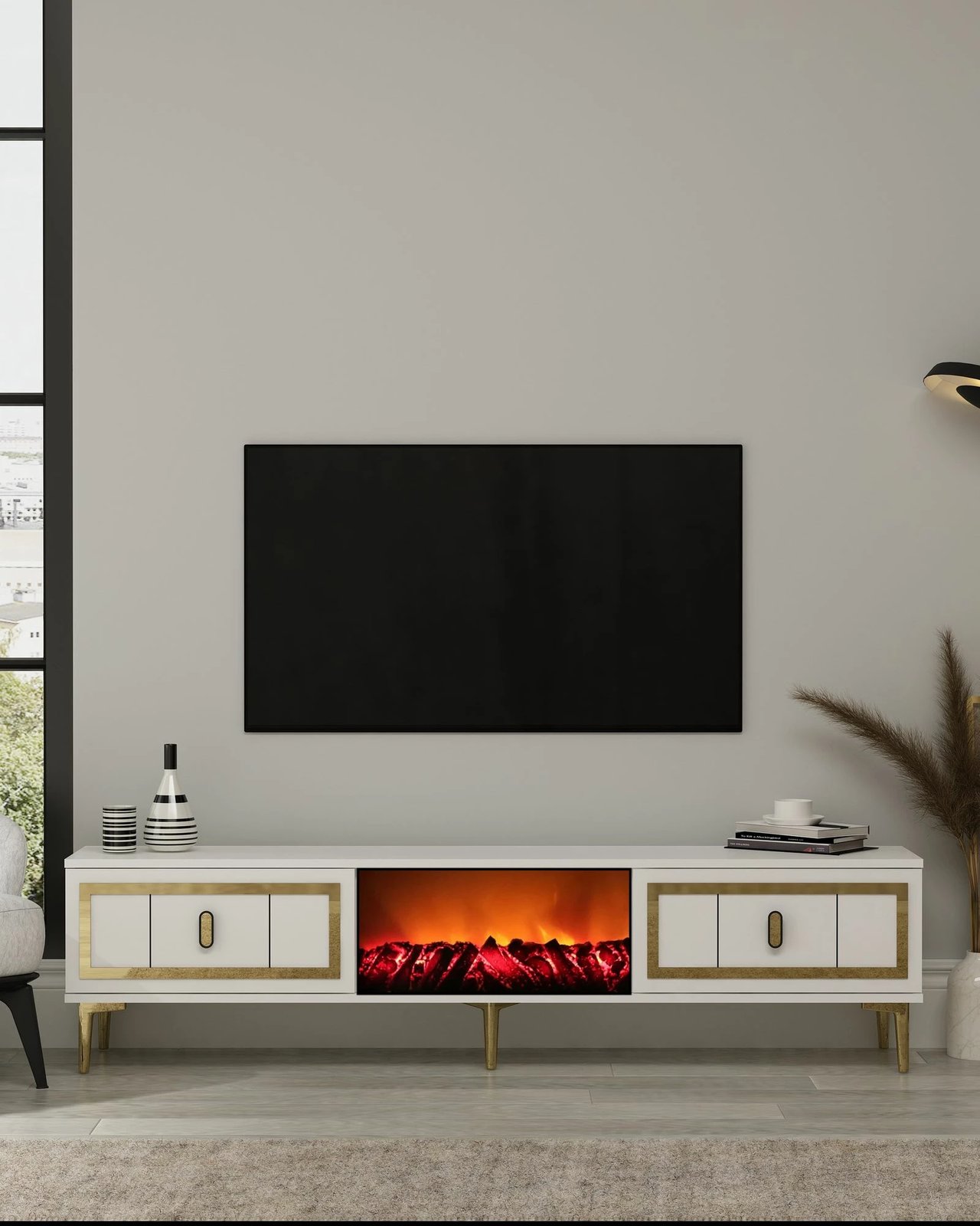 Komodë TV Skye Decor, me oxhak Orion, e bardhë dhe e artë