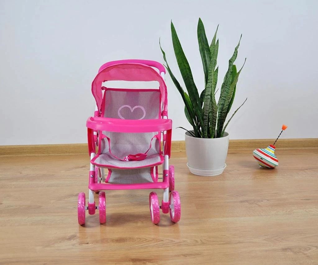 karrocë kukullash, Milly Mally, Kate Prestige, për kukulla deri 50 cm, palosëse me kupolë dhe tabaka ushqimi, rrota të përparme rrotulluese, rozë