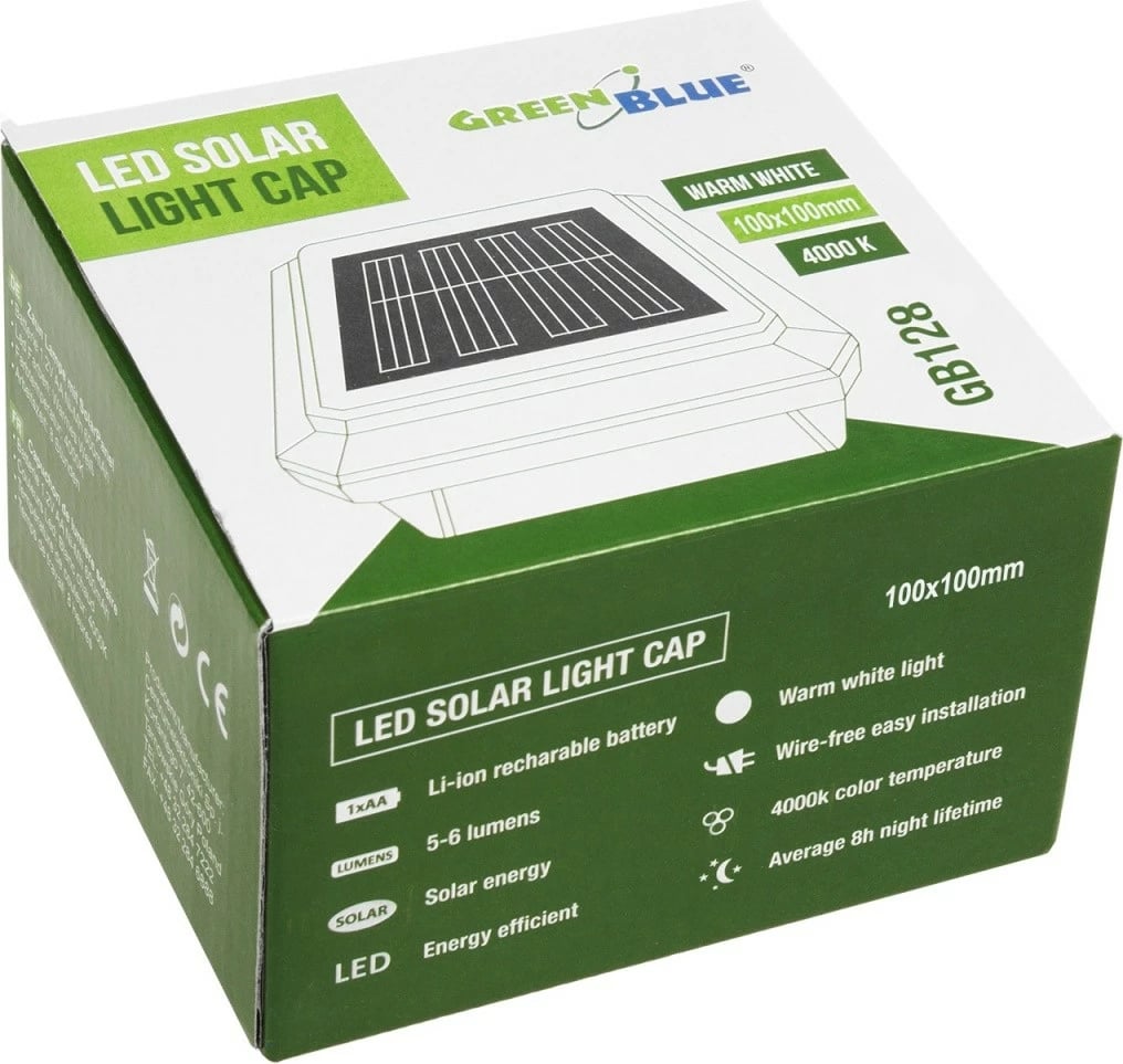Llampë solare për shtyllë GreenBlue GB128, 101x101 mm, plastikë, 4000K, e zezë