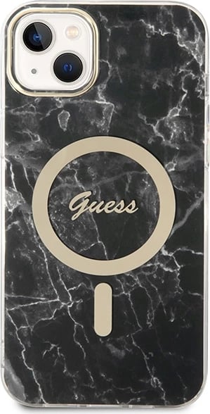 Mbështjellës Guess Marble Collection me MagSafe dhe karikues wireless për iPhone 14 Plus, 6.7", i zi, set