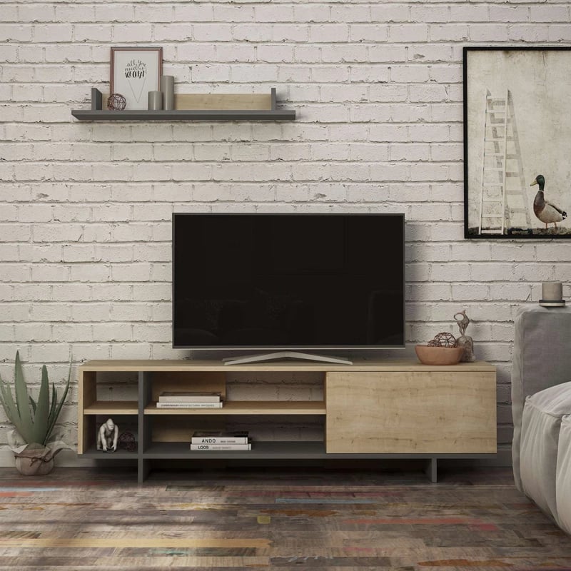 Njësi TV Saloon, ngjyrë gri e errët-lisi, 160x35.5x44cm