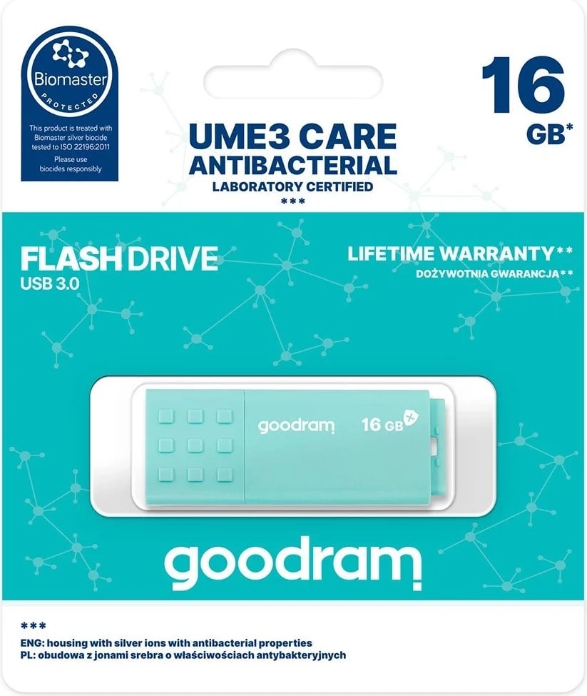 USB GoodRAM 16GB, me veti antibakteriale, blu