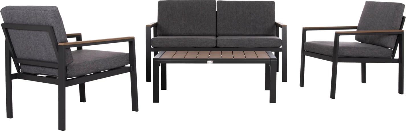 Set lounge për jashtë, 4 pjesë, alumin & stof OLEFIN, ngjyrë gri e errët, polywood, SAFIN FH6278.03