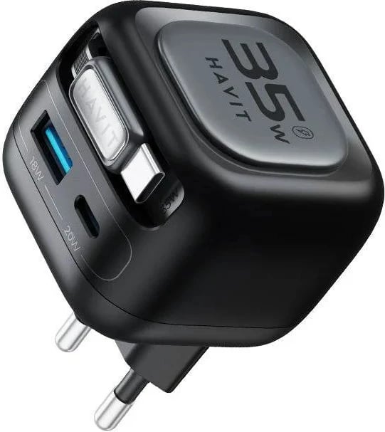 Karikues udhëtimi HAVIT UC250 A-EU GaN me kabllo të zgjatshme, 35W, i zi