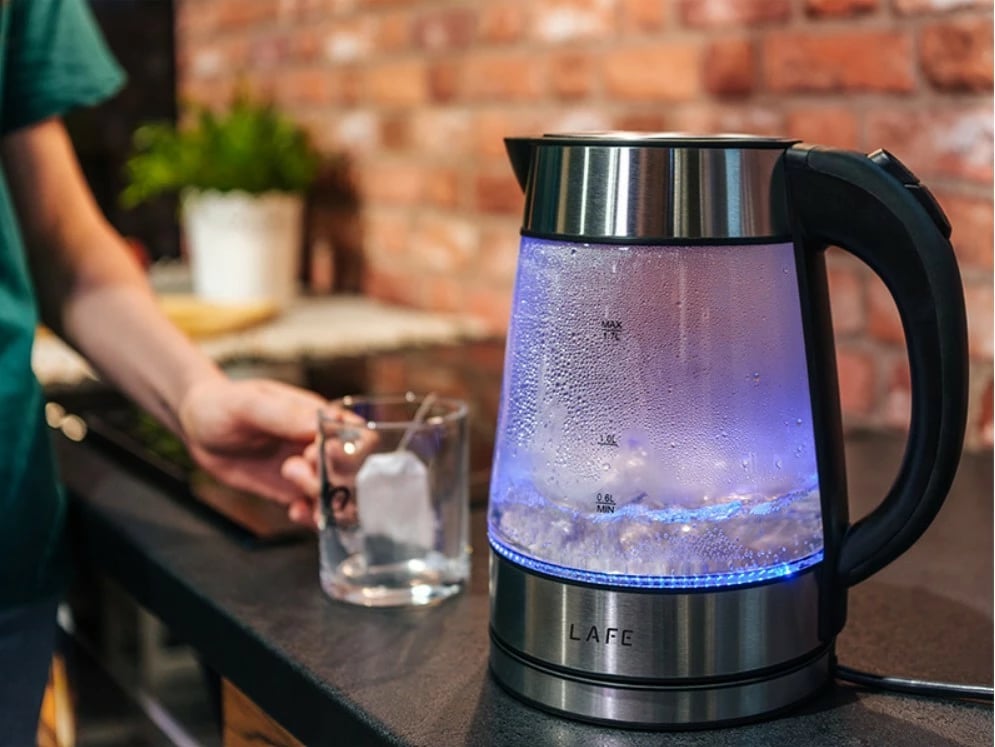 Zierës uji elektrik, Lafe, LAFCZA47618, 1.7 L, 2200 W, xhami, bazë 360°, me ndriçim, e zezë/çelik/transparente