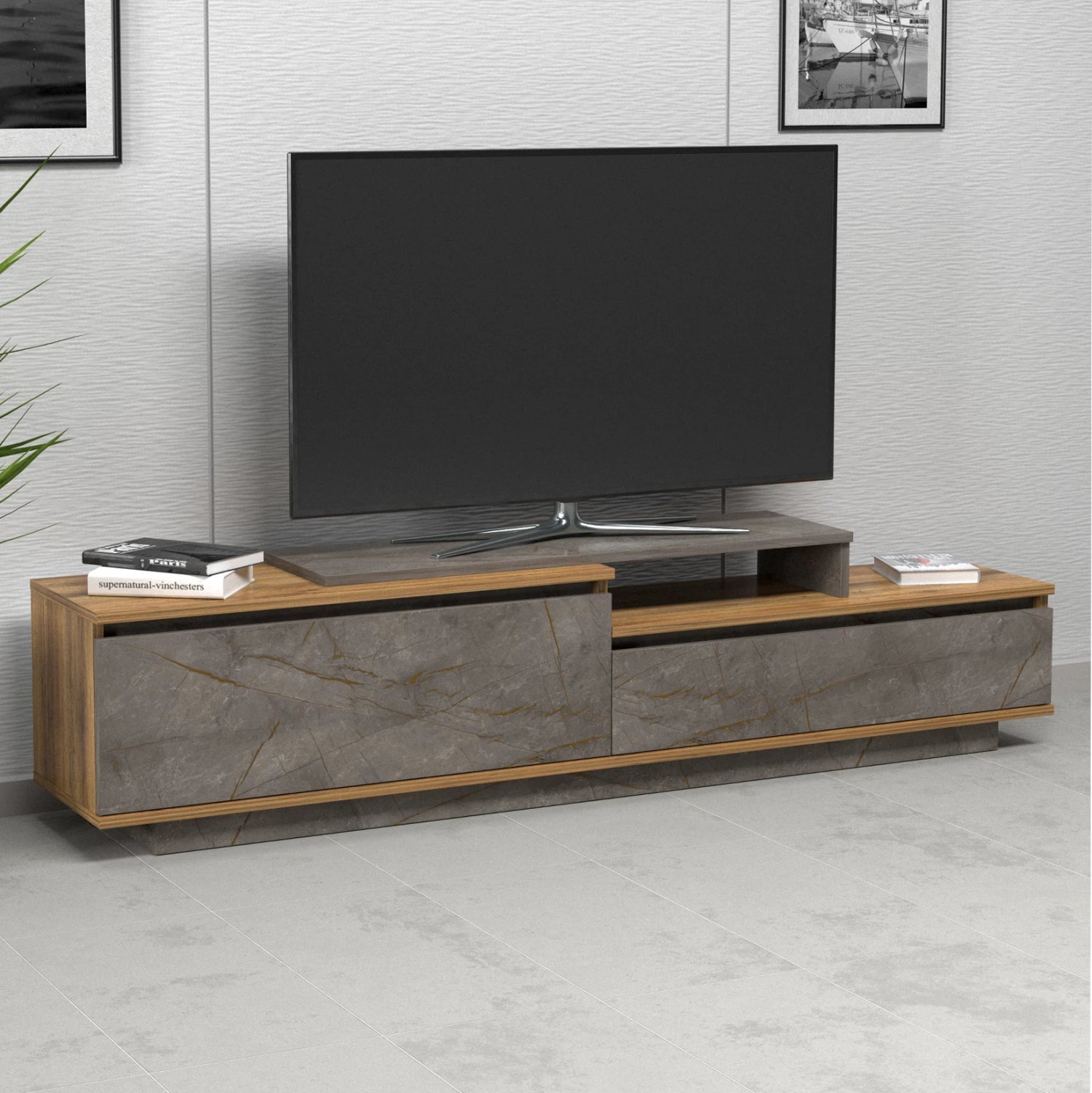 Mobilje TV LEIS FH18186 melaminë, ngjyrë druri natyral dhe mermeri gri, 180x35x42 cm