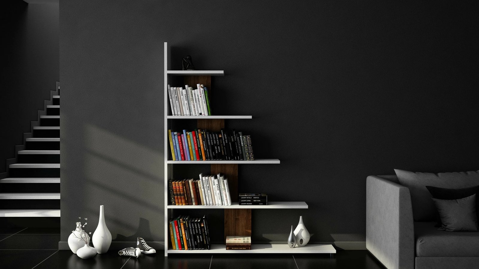 Raft librash modern Skye Decor, ngjyrë e bardhë dhe arre, Reward