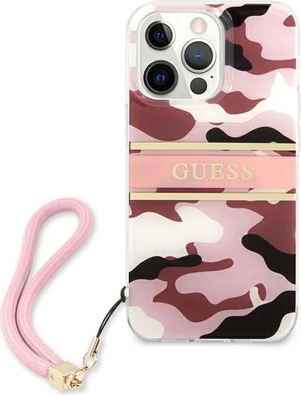 Mbështjellës Guess GUHCP13LKCABPI për iPhone 13/13 Pro 6.1", plastikë e fortë, kamuflazh, me varëse, rozë
