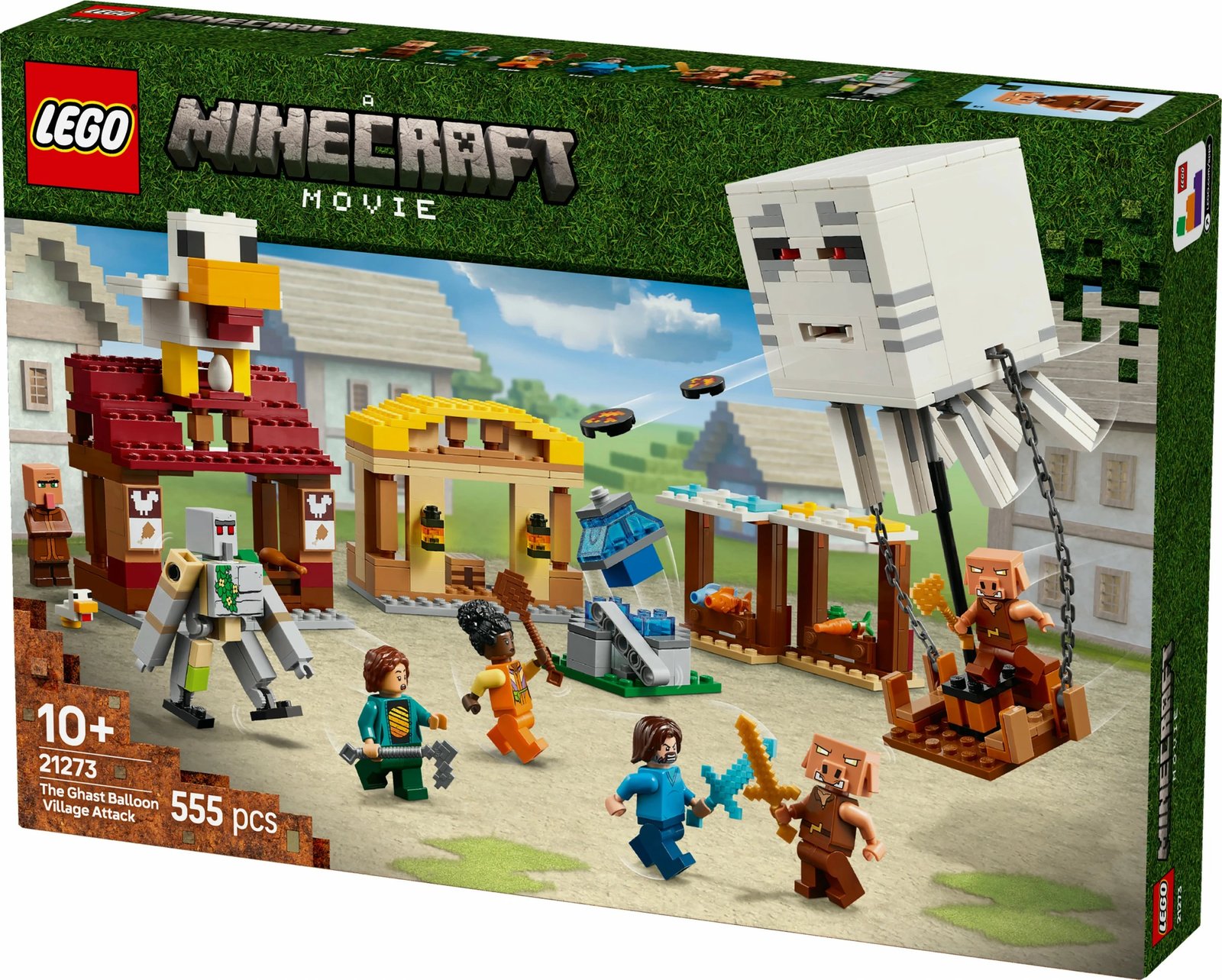 Set ndërtimi LEGO The Ghast Balloon Village Attack, 555 pjesë, plastikë, shumëngjyrësh