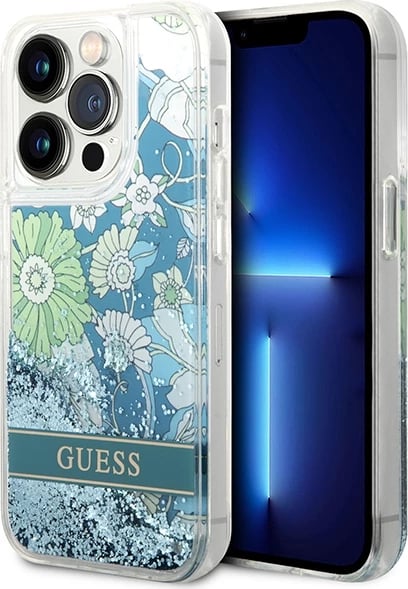Mbështjellës Guess Flower Liquid Glitter për iPhone 14 Pro Max, Gjelbër